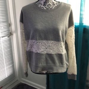 Cotton and Lace Sleeve Gray Sweater